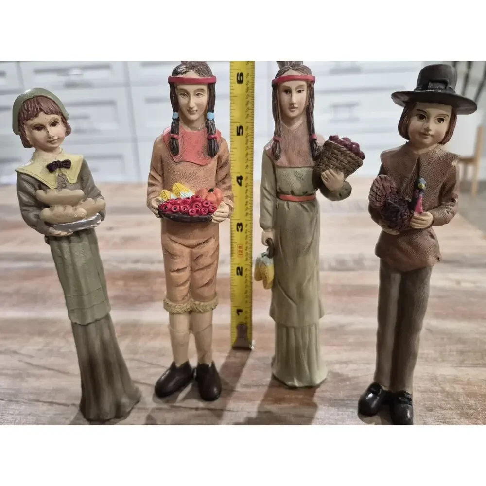 4 Mini Statues of Thanksgiving Pilgrims and Native American Indians Figurines 5" - Picture 2 of 2